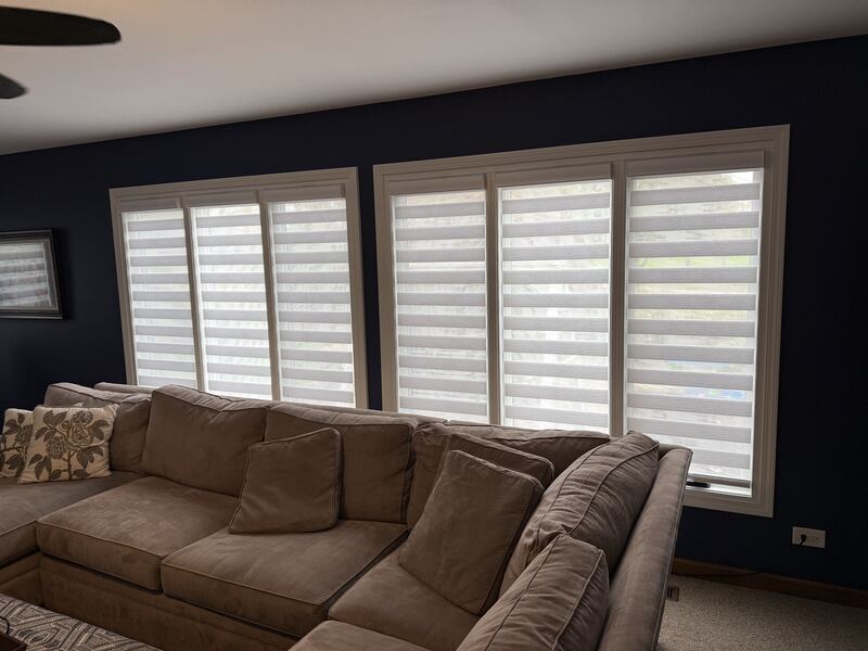 Designer Banded Shades across a six-window wall - sheer and solid bands aligned for daylight.